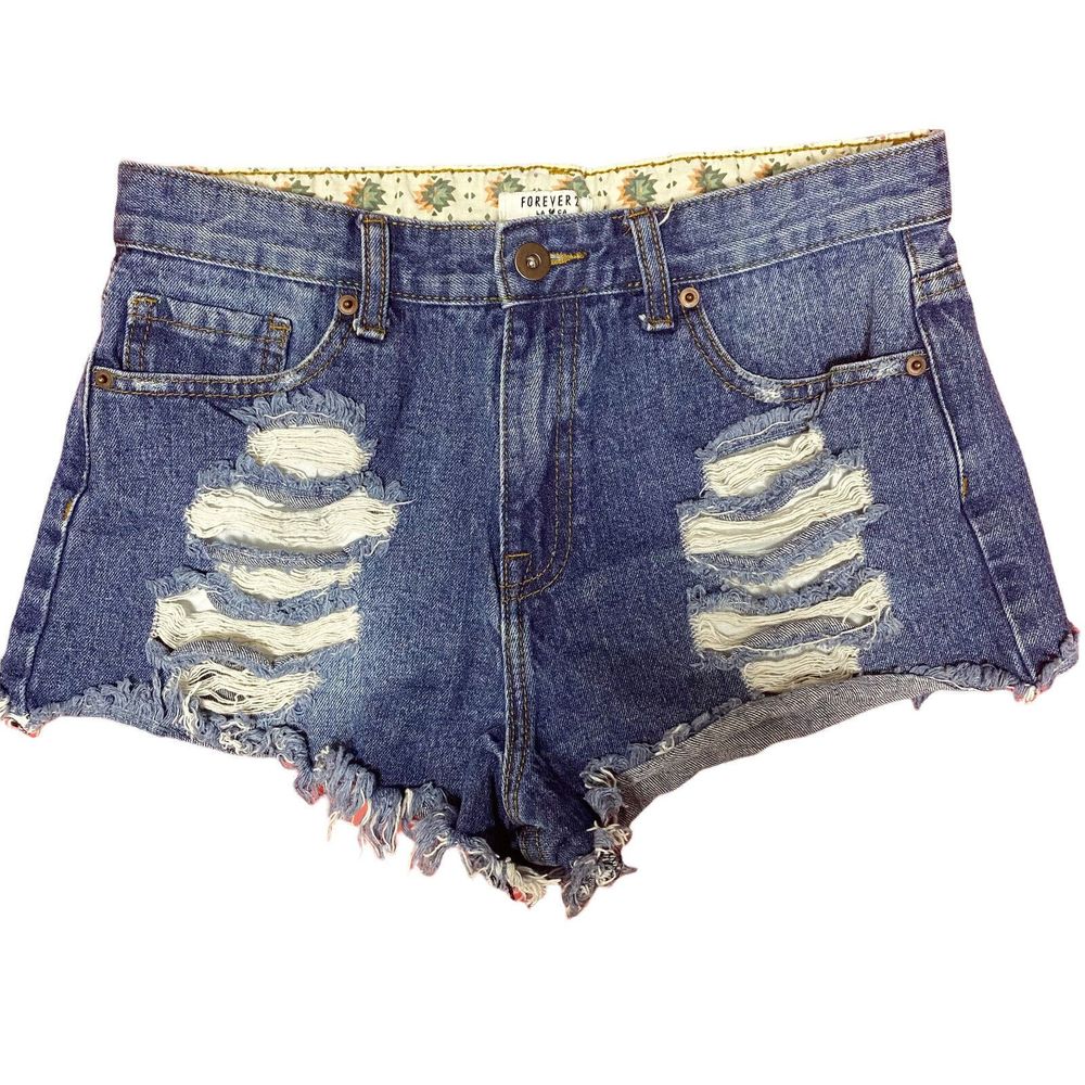 Forever 21 Women Shorts 28 Dark Wash Distressed Denim Cut Off High Rise